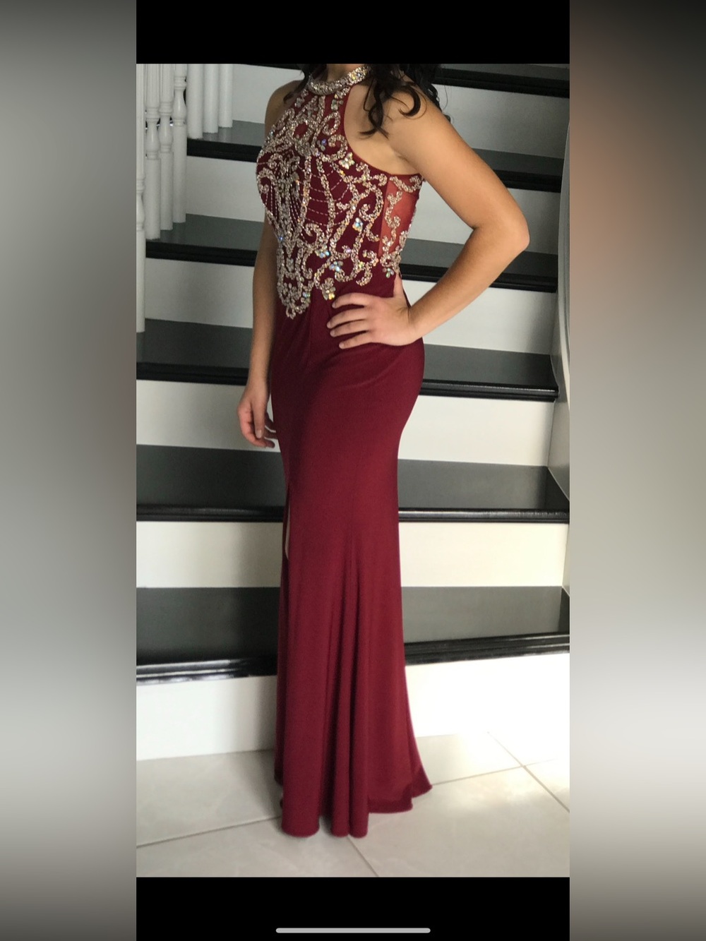 Splash Burgundy Maxi Dress with Crystal Embellishment